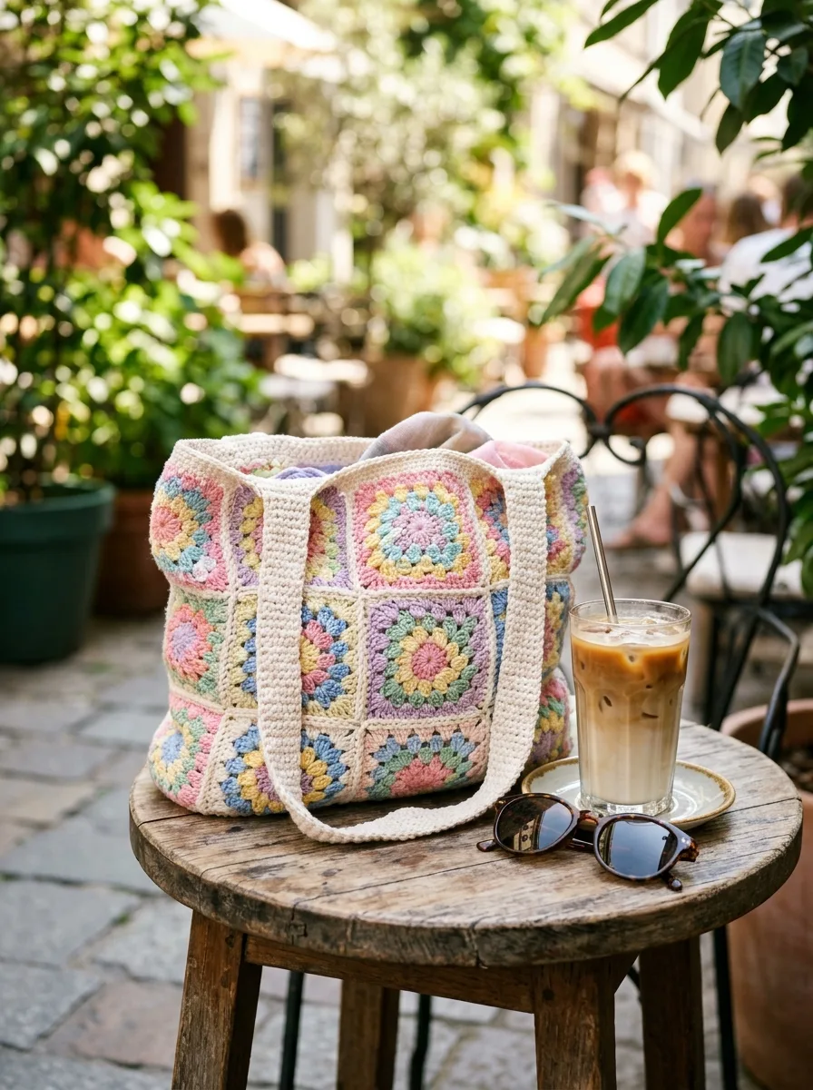 A pastel granny square tote bag with cream straps on a cafe table.