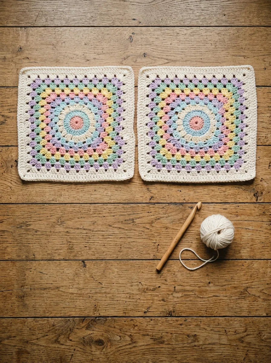 Two large granny squares laid side by side before being joined into a tote.