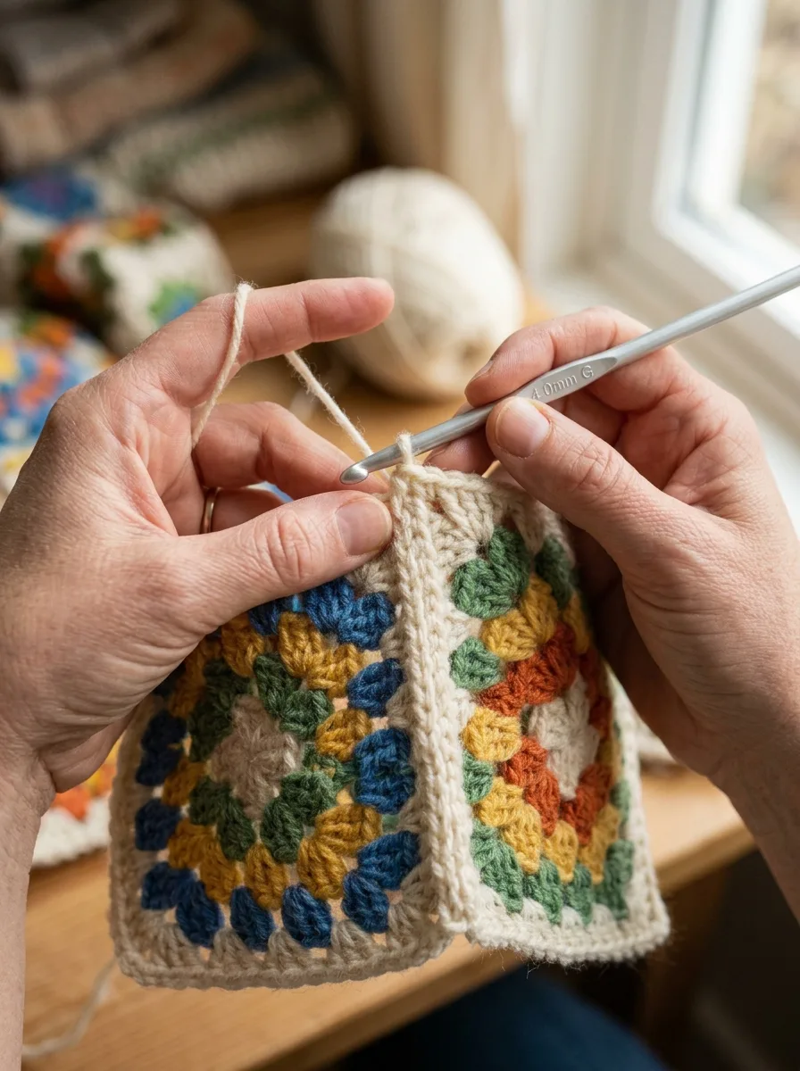 Two granny squares being joined with single crochet through both layers.