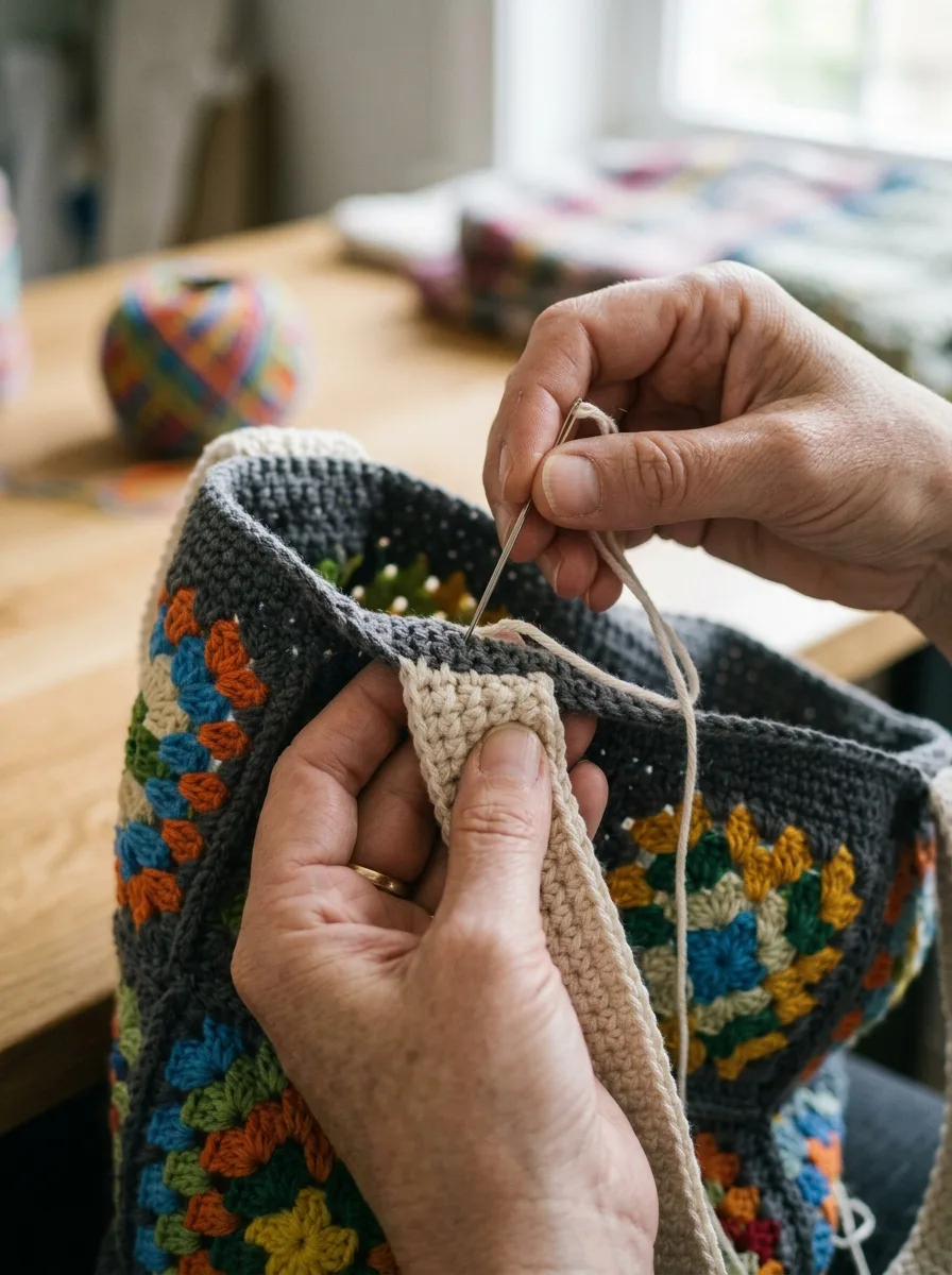 A dense single crochet strap being sewn inside the top edge of a crochet bag.