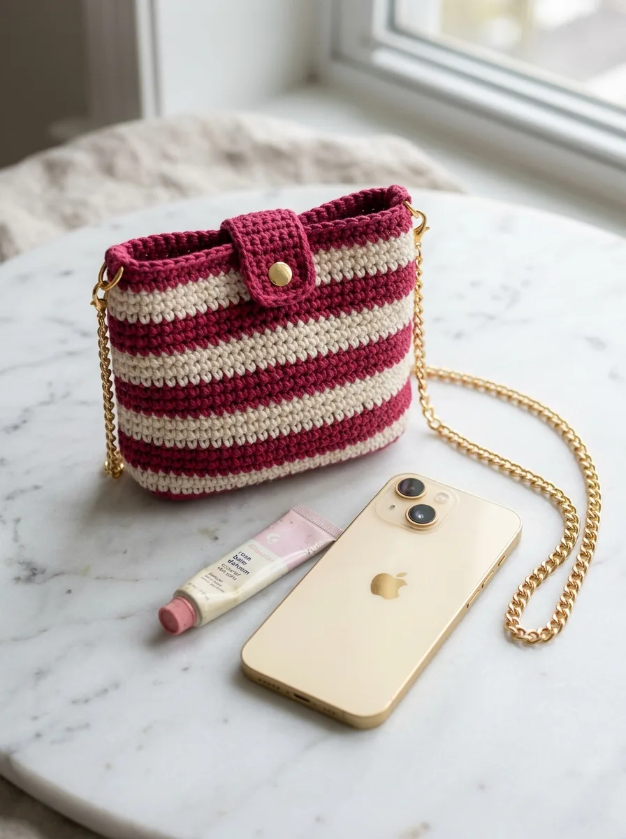 A small striped crochet mini bag with a chain strap.