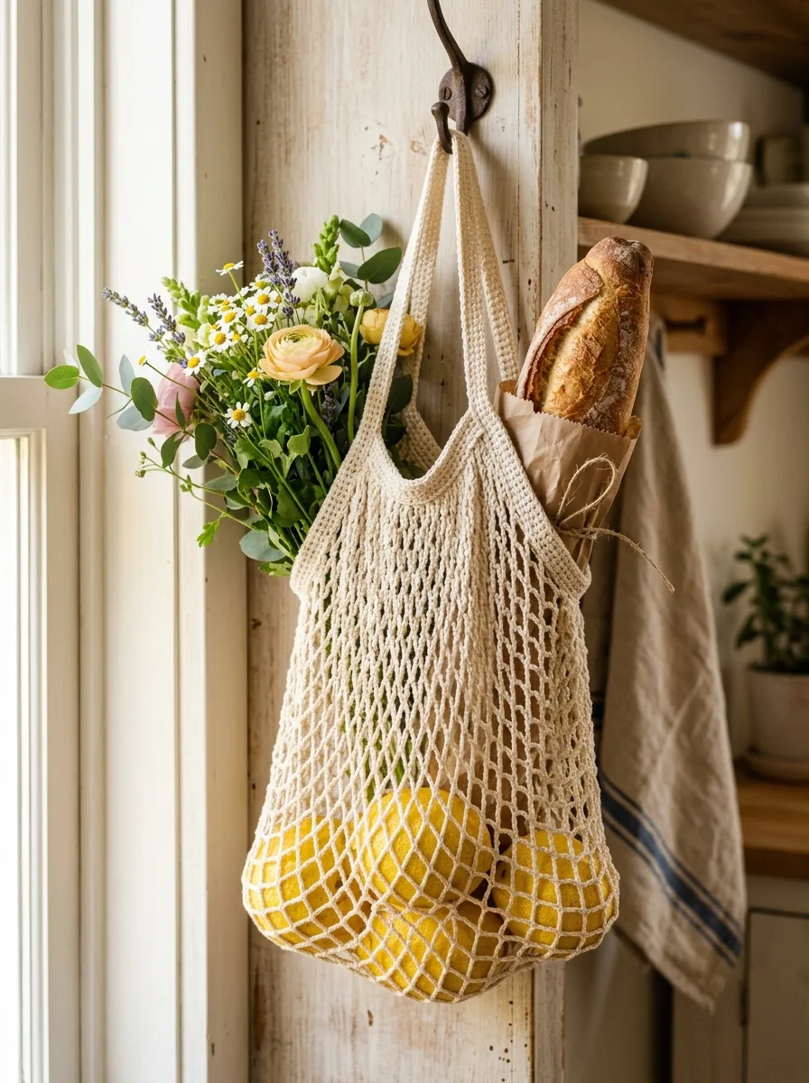 An open mesh crochet market bag filled with lemons and bread.