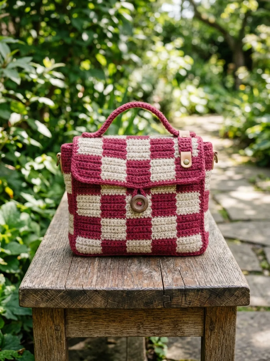 A tapestry crochet bag with a checkerboard pattern.