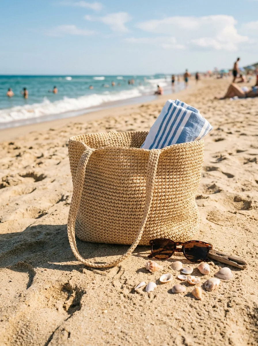 A crochet beach bag in natural raffia-look yarn with shells.