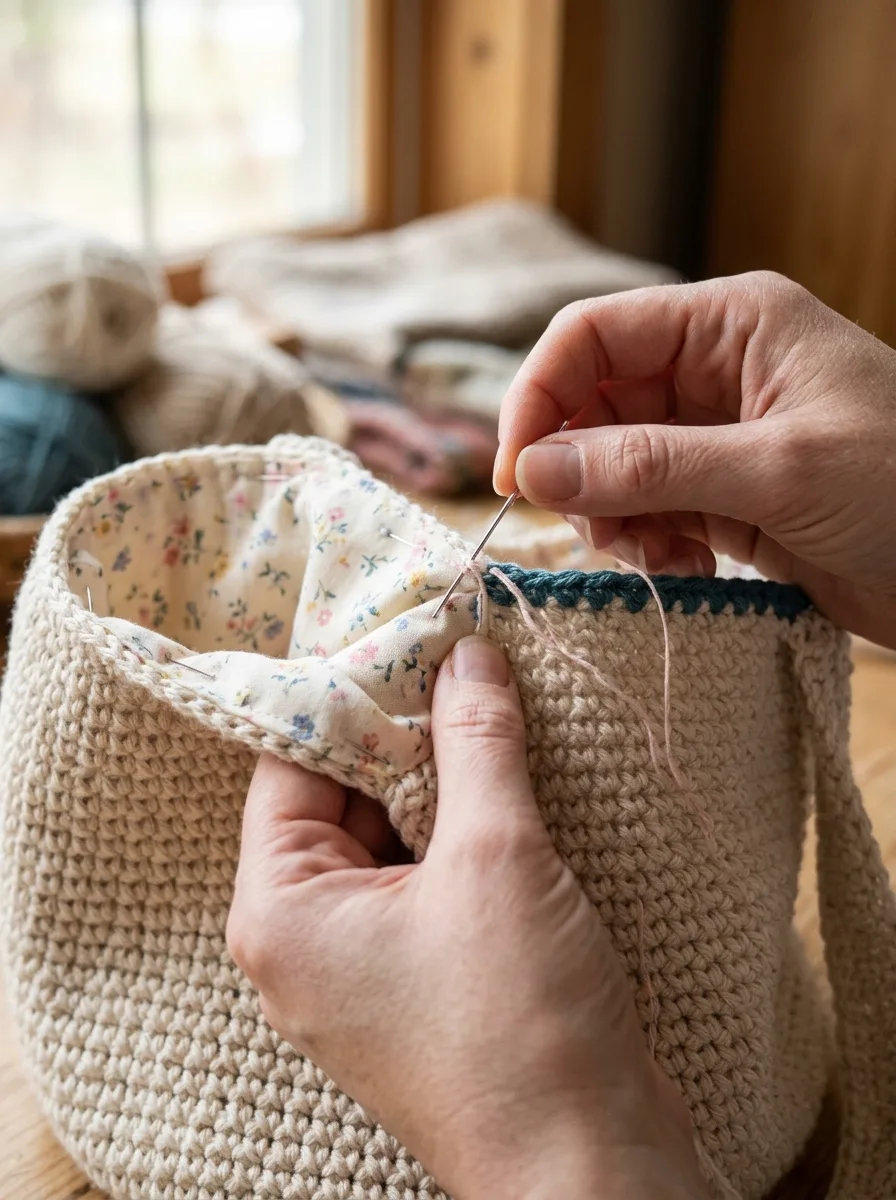 A cotton fabric lining being sewn inside a crochet bag.