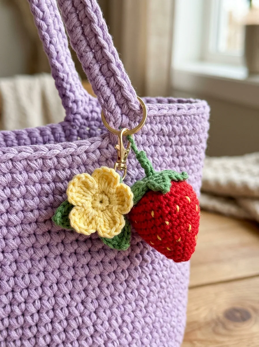 A crochet bag charm and flower attached to a crochet tote handle.