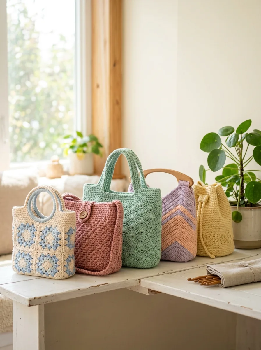 Several finished crochet bags lined up on a shelf in a bright room.