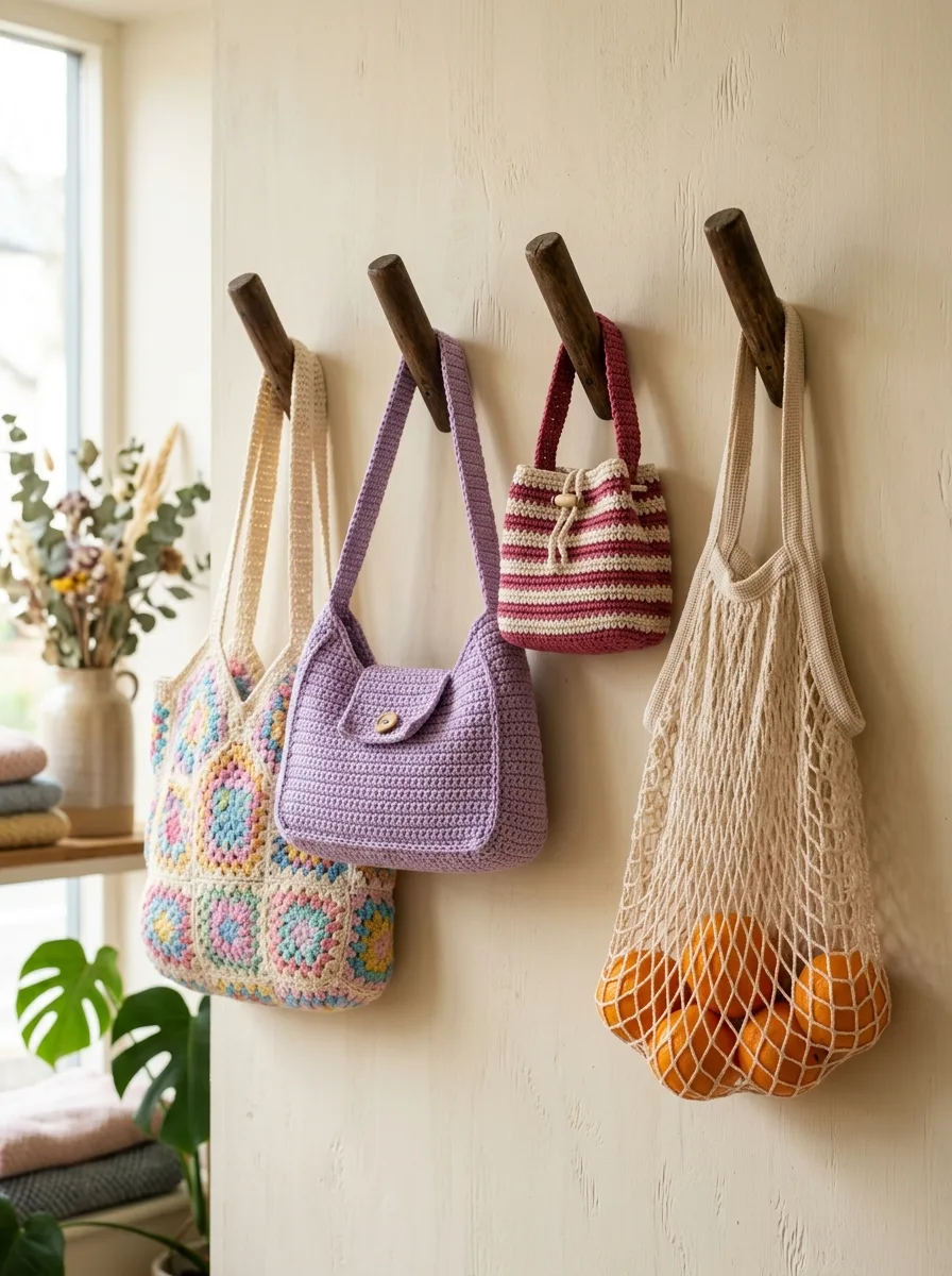 A collection of crochet bags: a granny-square tote, a lilac shoulder bag, a striped mini bag, and a mesh market bag hanging on wooden pegs.