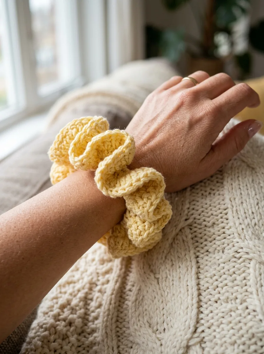 A ruffled crochet scrunchie in butter yellow on a wrist.