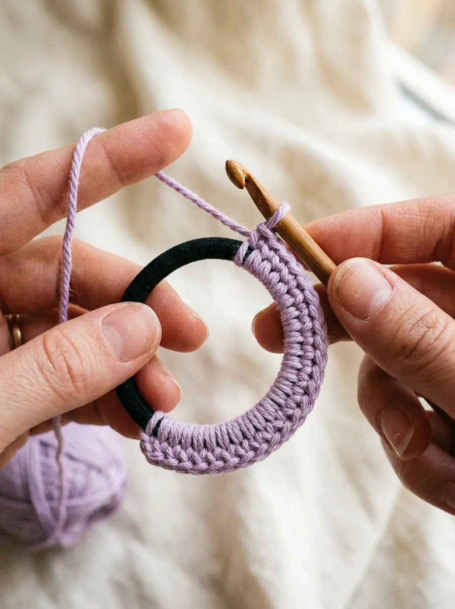 Single crochet stitches worked directly around a hair elastic.