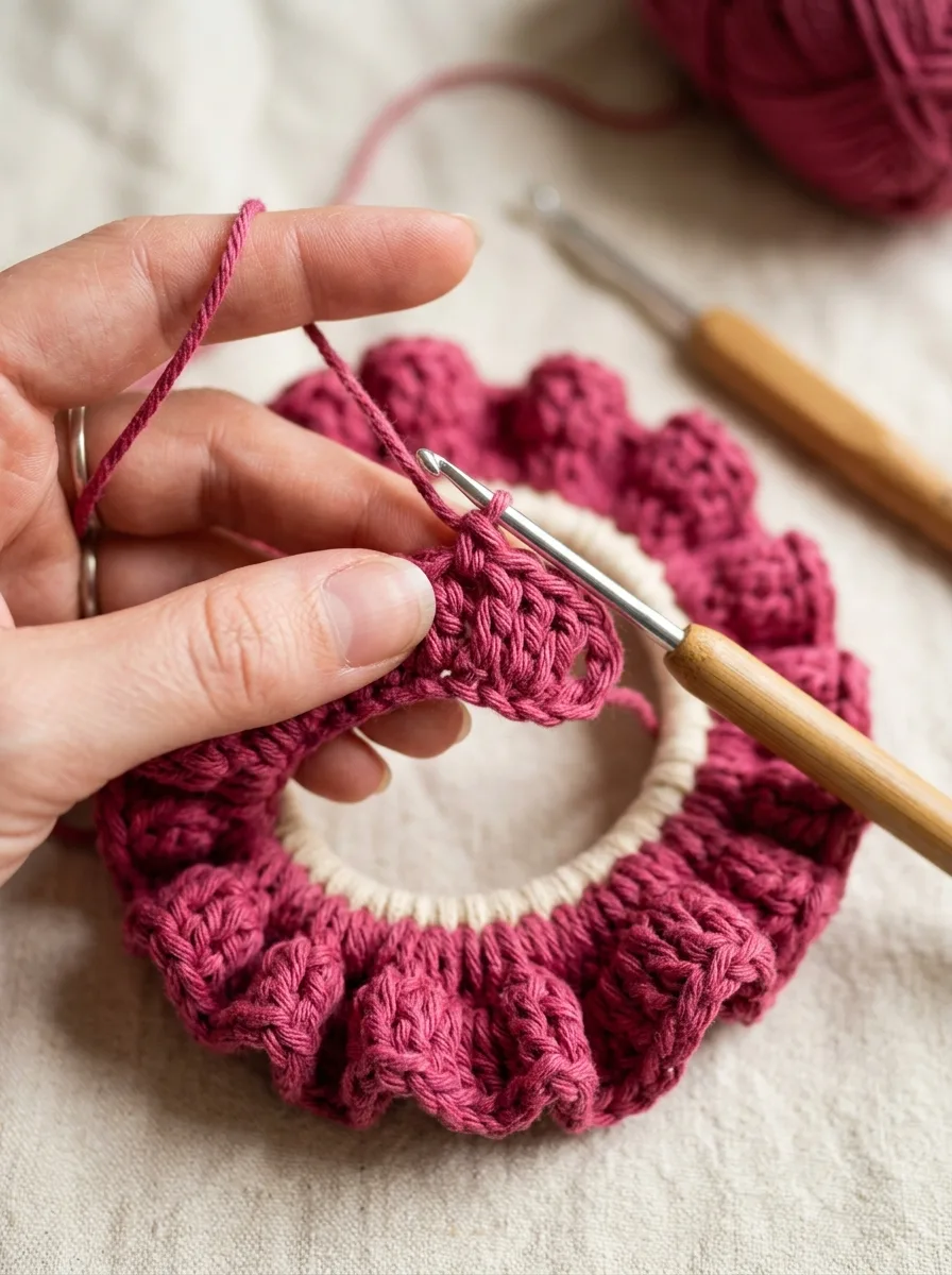 The ruffle round of a crochet scrunchie with three double crochet in each stitch.