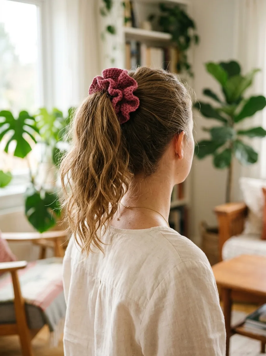 A woman wearing a crochet scrunchie in a high ponytail.