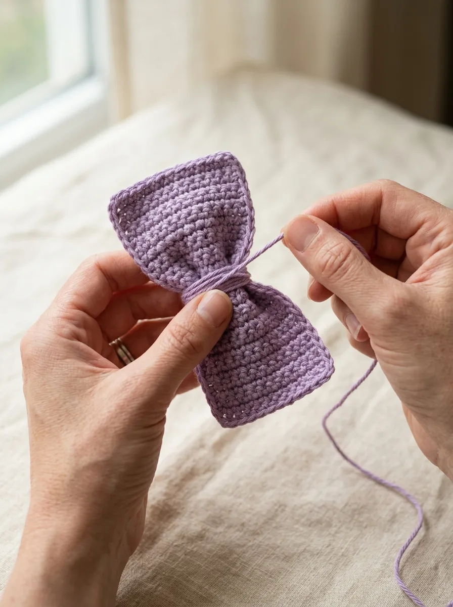 A small single crochet rectangle pinched in the center and wrapped to form a bow.