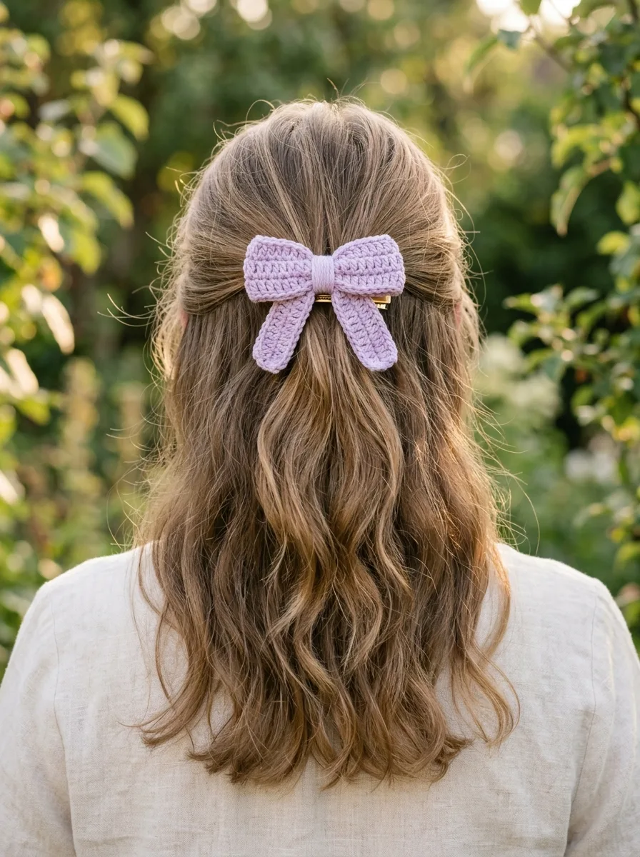 A finished crochet bow on a gold hair barrette in a woman's half-up hairstyle.