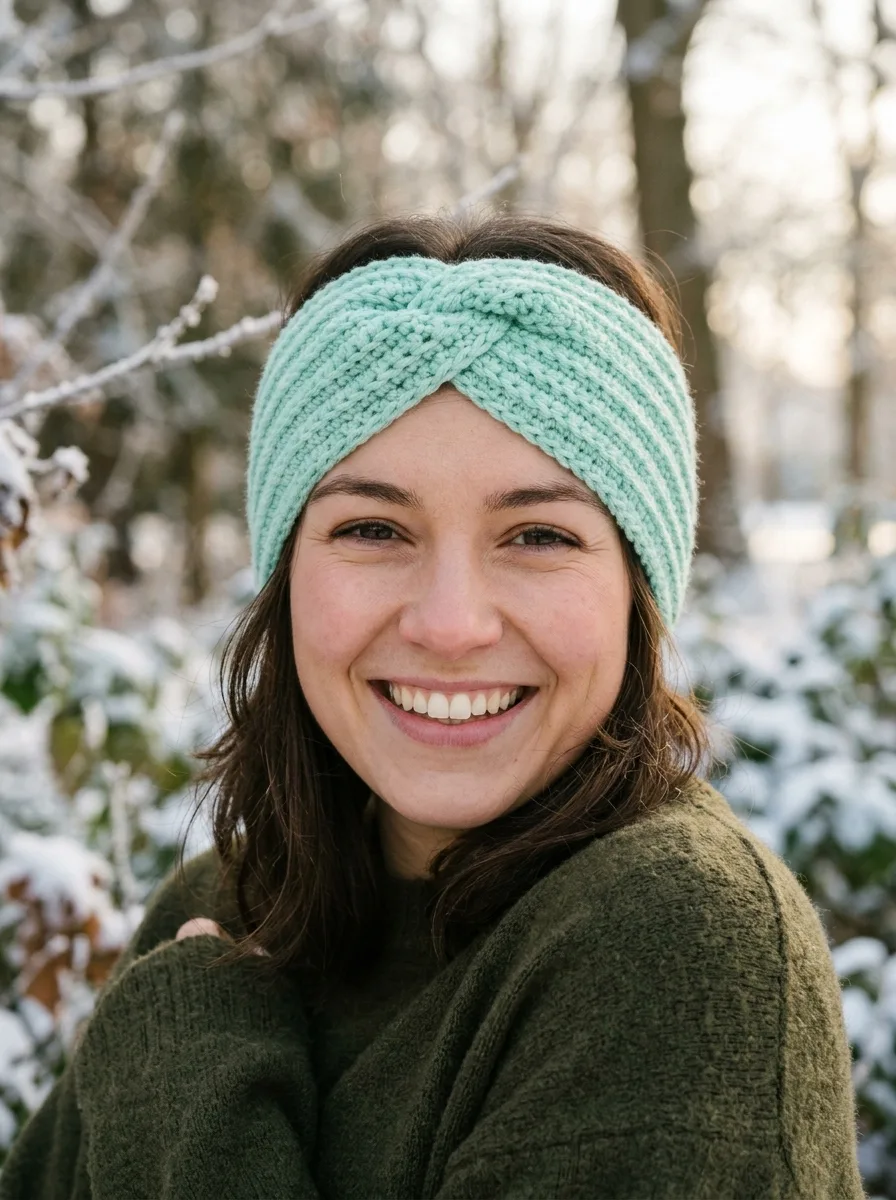 A twisted-front crochet ear-warmer headband in mint.