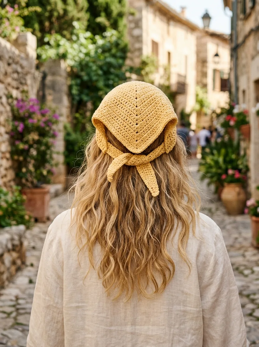 A triangle crochet hair bandana tied over hair.