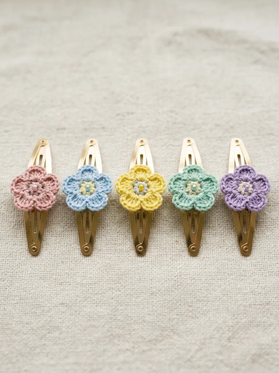 Small crochet flowers glued onto snap clips.