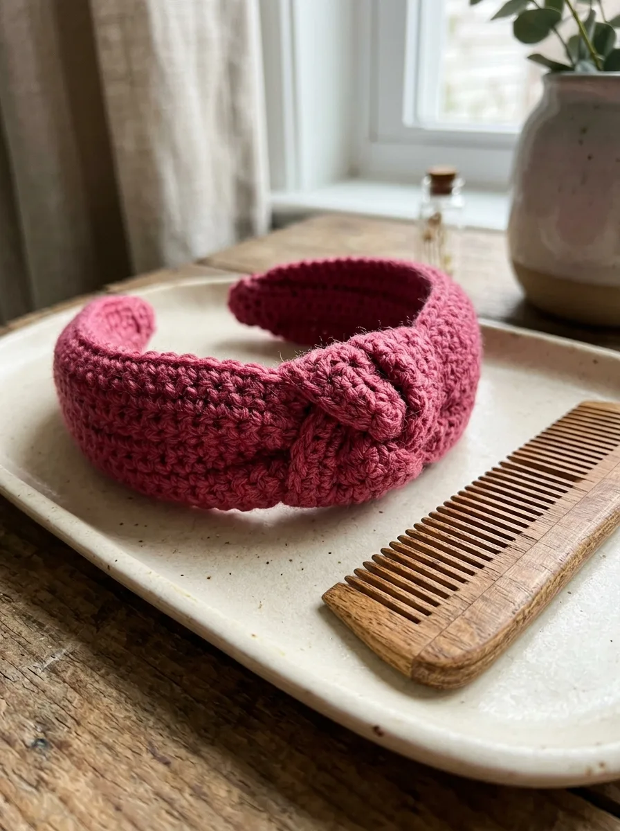 A padded crochet headband covered in single crochet with a knot detail.