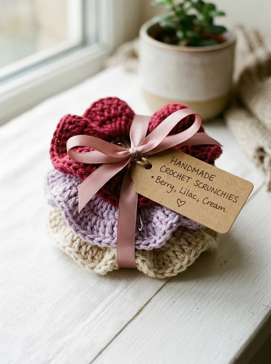 A gift set of three crochet scrunchies tied with ribbon.
