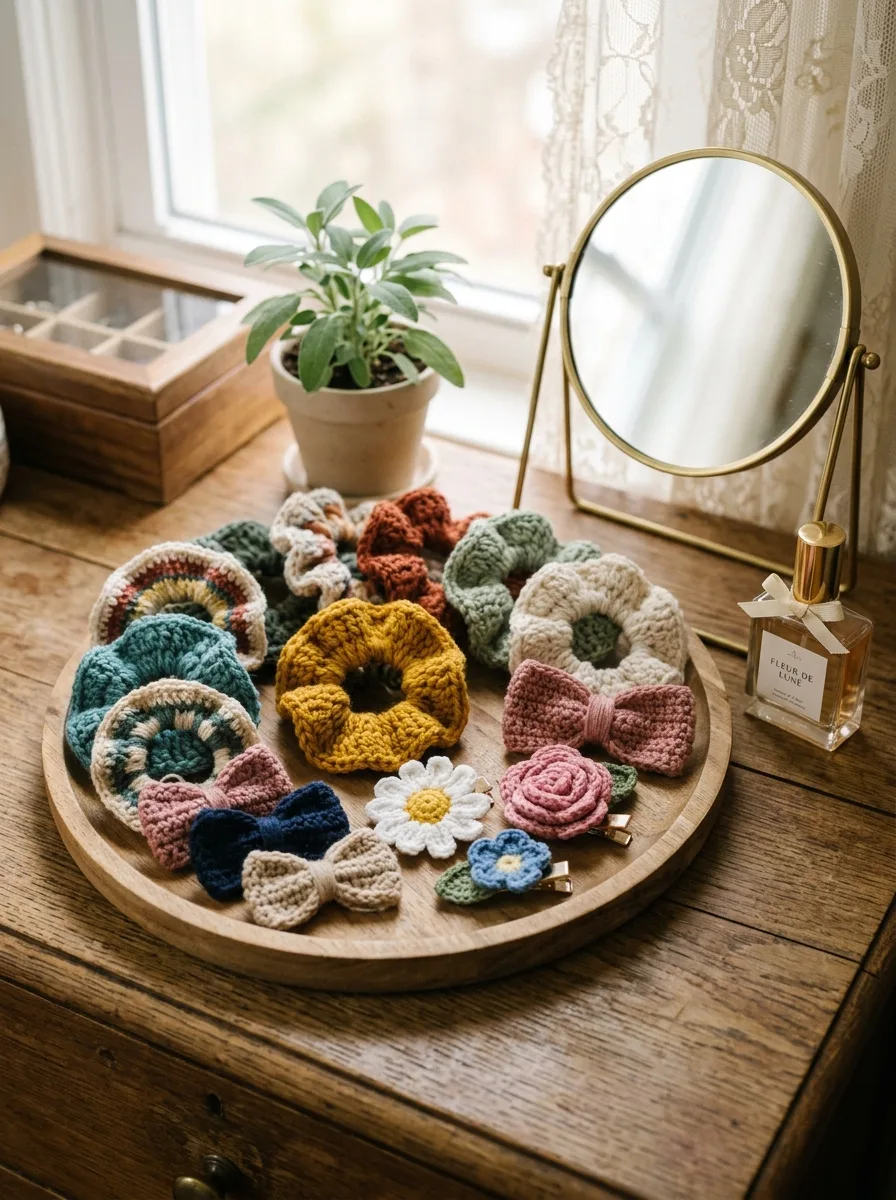 A vanity tray holding a collection of crochet hair accessories.