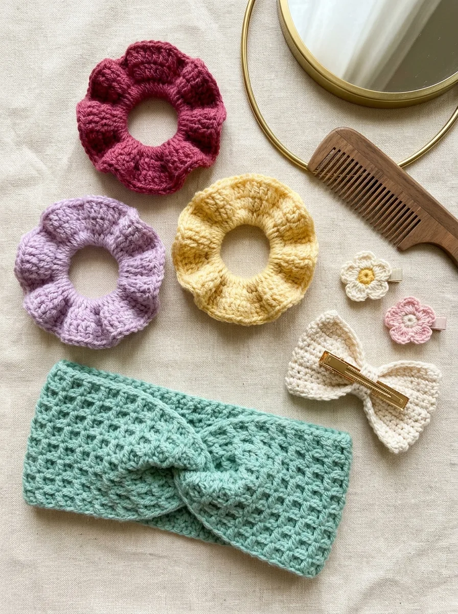 A flat lay of crochet hair accessories: ruffle scrunchies, a crochet bow on a clip, a twisted headband, and flower hair clips in pastel colors.