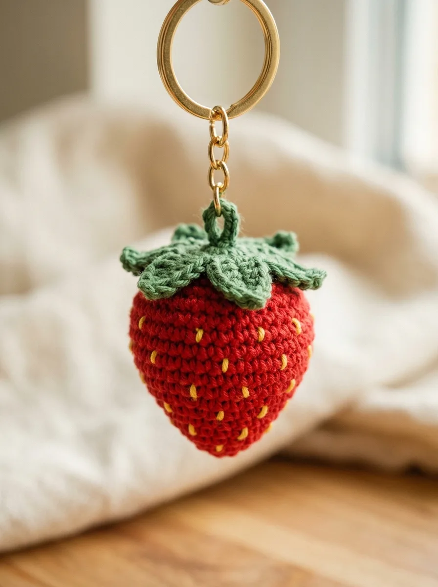 A red amigurumi strawberry keychain with green leaves and yellow seed stitches on a gold ring.