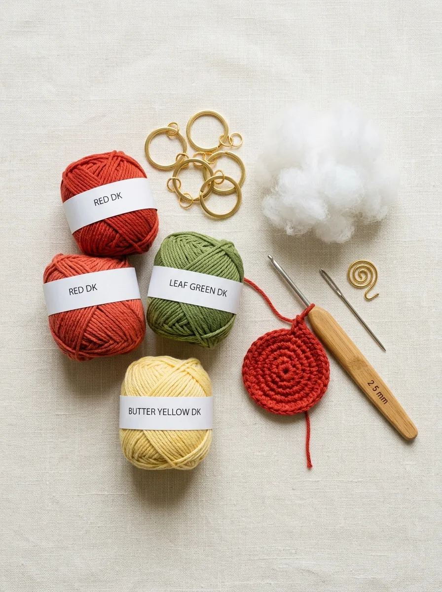 Supplies for amigurumi keychains: DK cotton in red, green, and yellow, a 2.5 mm hook, stuffing, and keyrings.