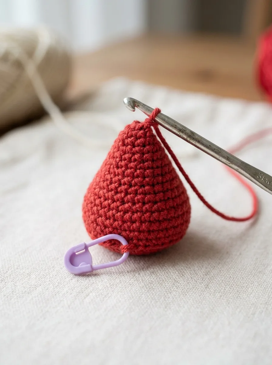The tip of a crochet strawberry worked in a spiral with a stitch marker.