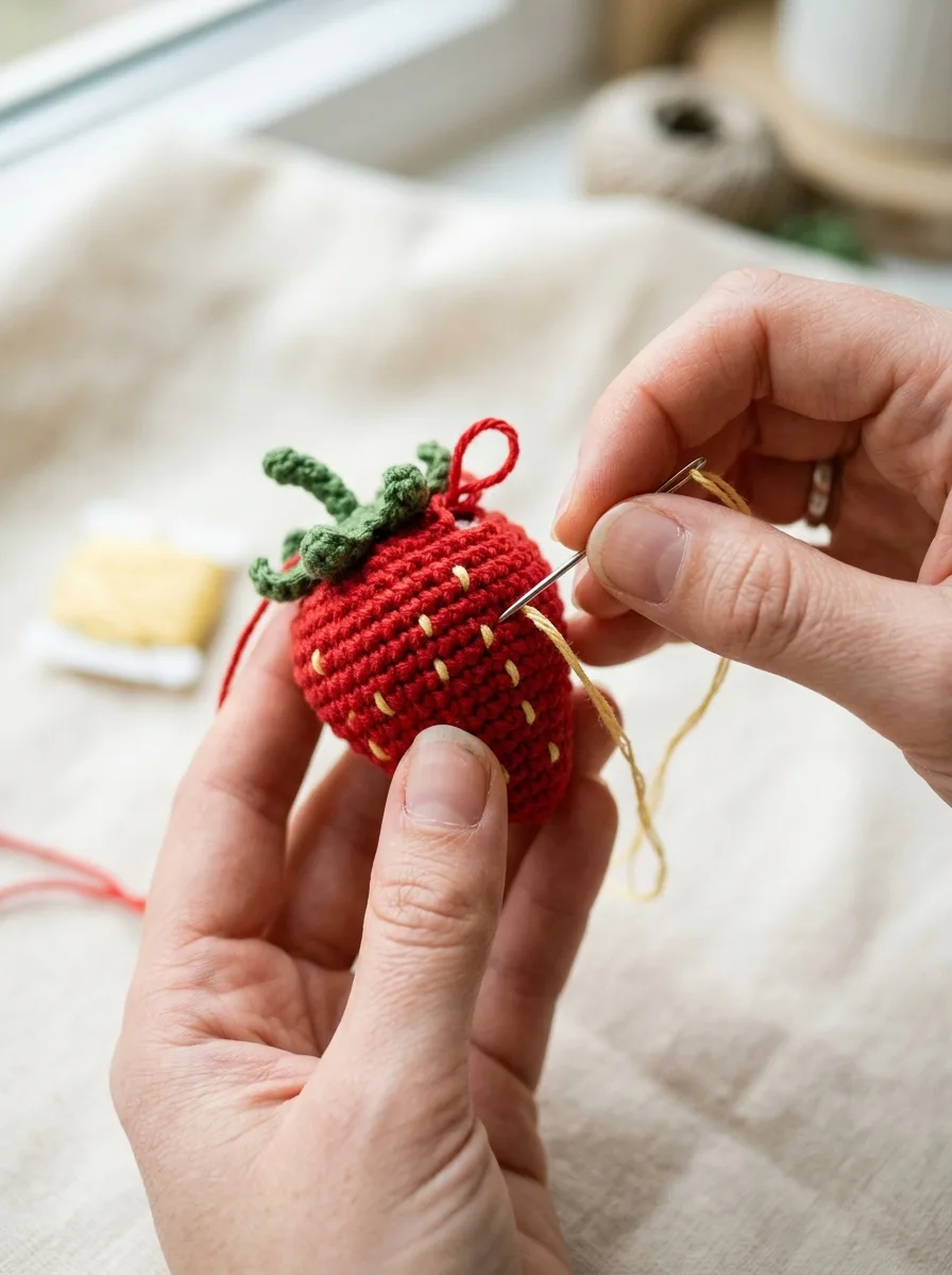 Yellow seed stitches being embroidered on a red crochet strawberry.