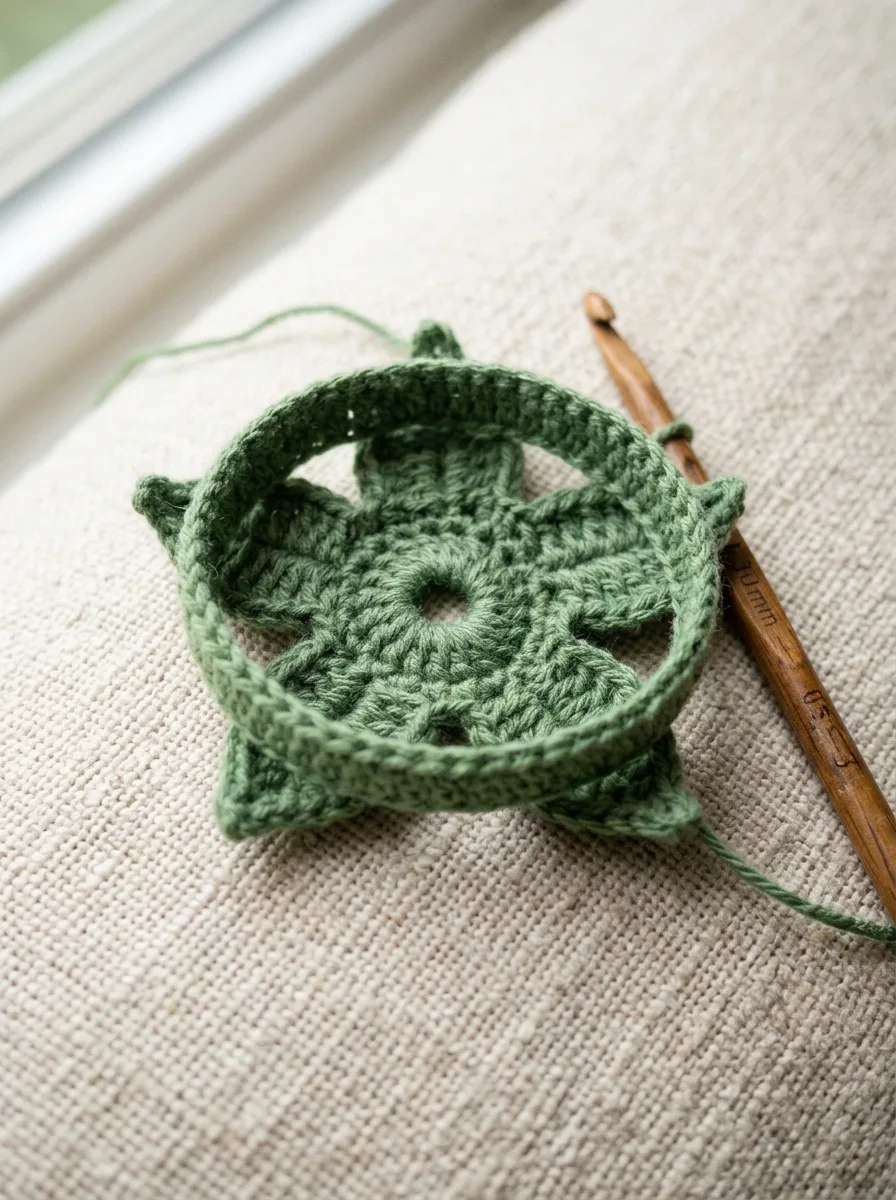 A green crochet leaf crown with five pointed leaves worked from a magic ring.