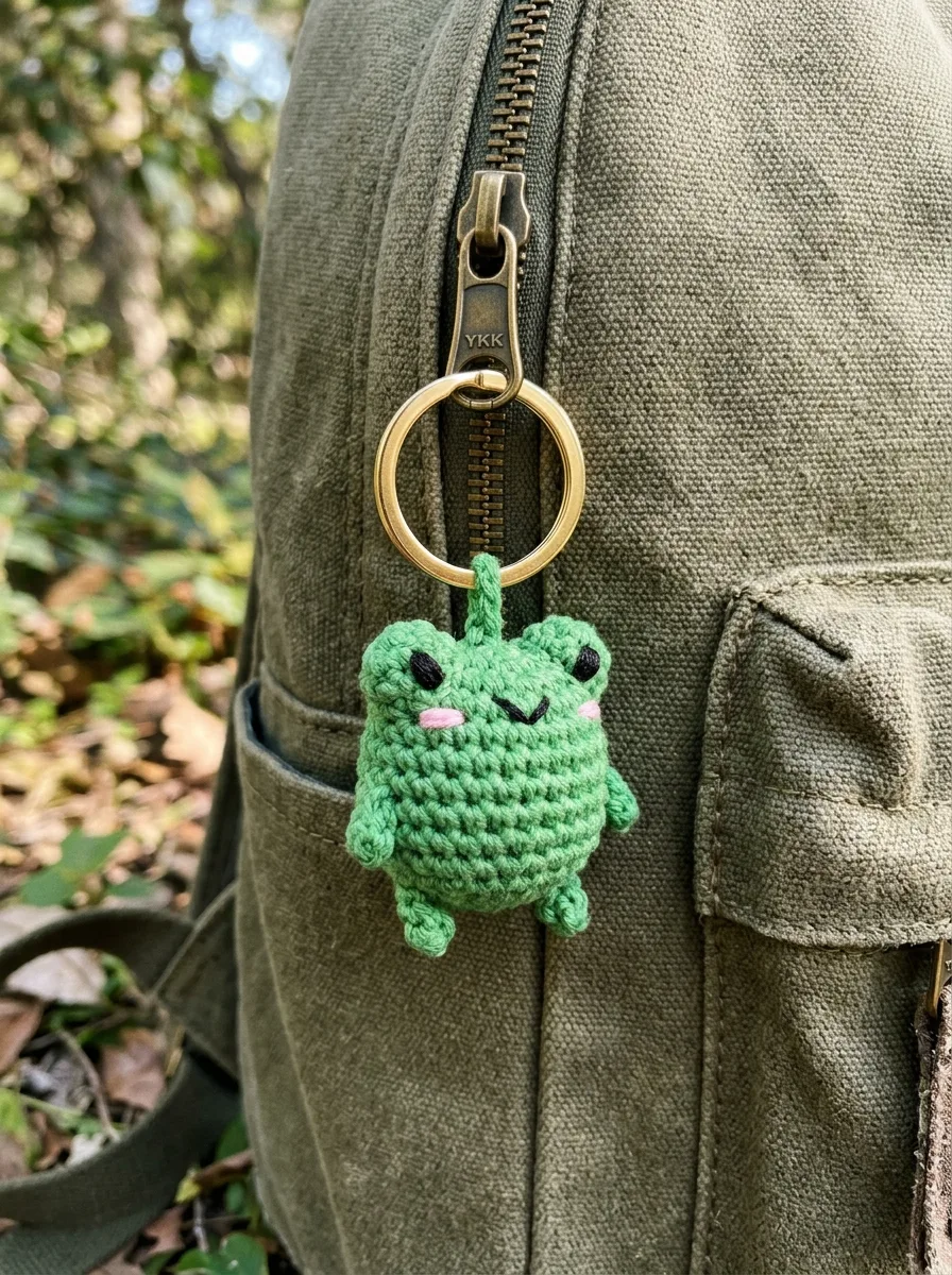 A green amigurumi frog keychain with embroidered eyes.