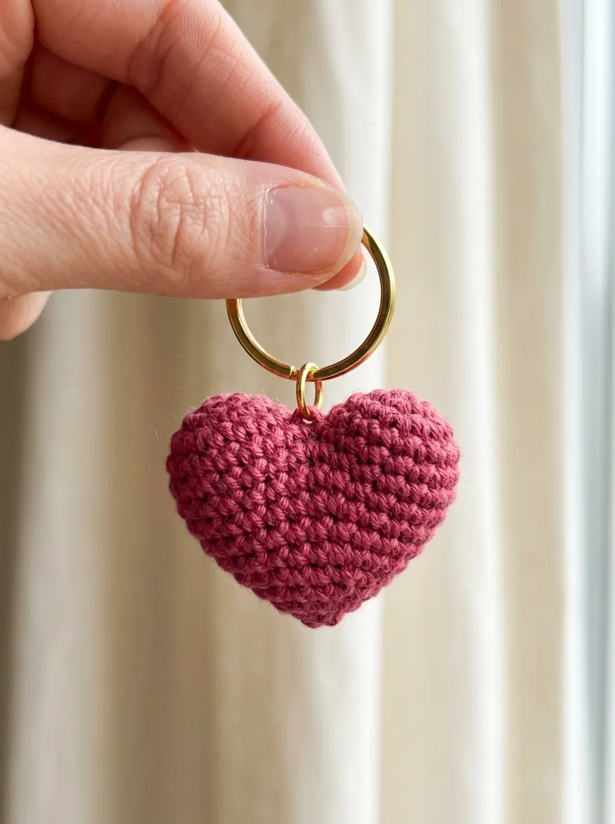 A small puffy crochet heart keychain in berry pink.