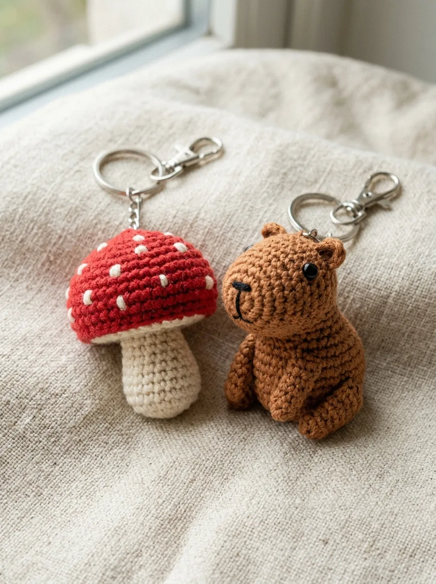 A red and white crochet mushroom keychain and a mini crochet capybara keychain.