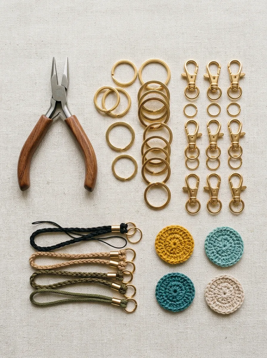 Keychain hardware options: split rings, lobster clasps, and phone strap cords.