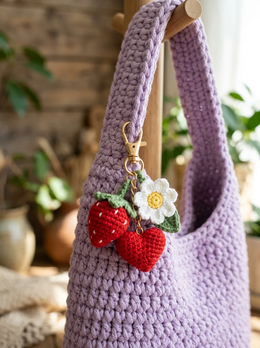 A crochet bag charm with several small amigurumi pieces clipped to a tote handle.