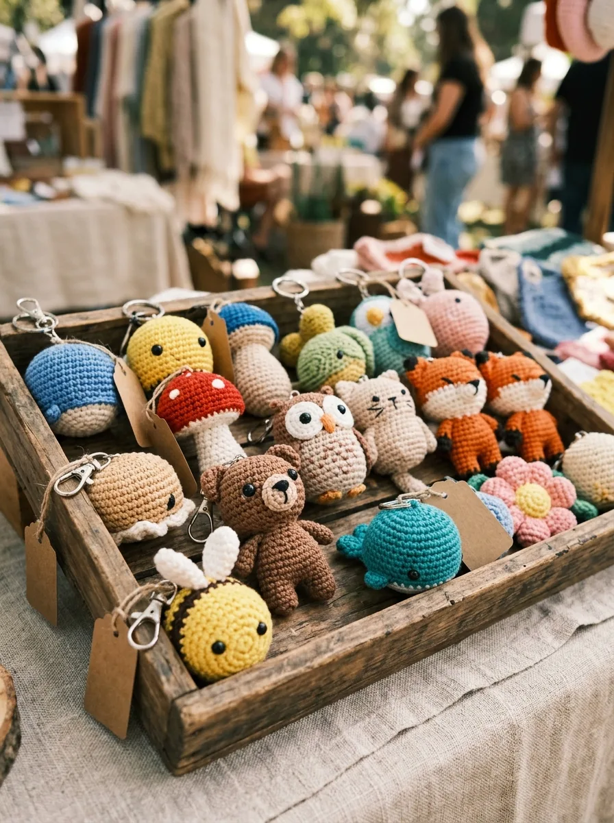 A tray of handmade crochet keychains priced for a craft market stall.