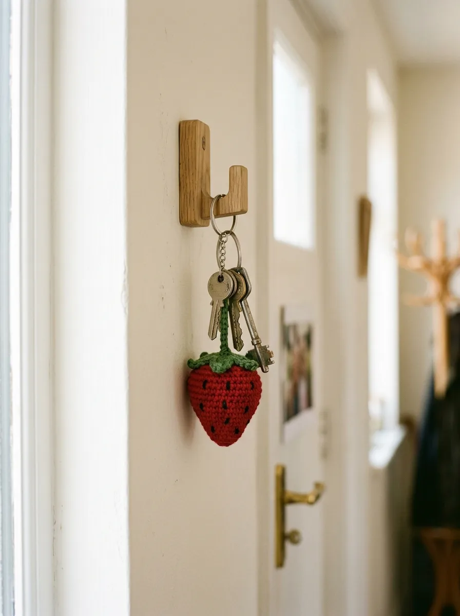 A set of house keys with a crochet strawberry keychain on a hallway key hook.