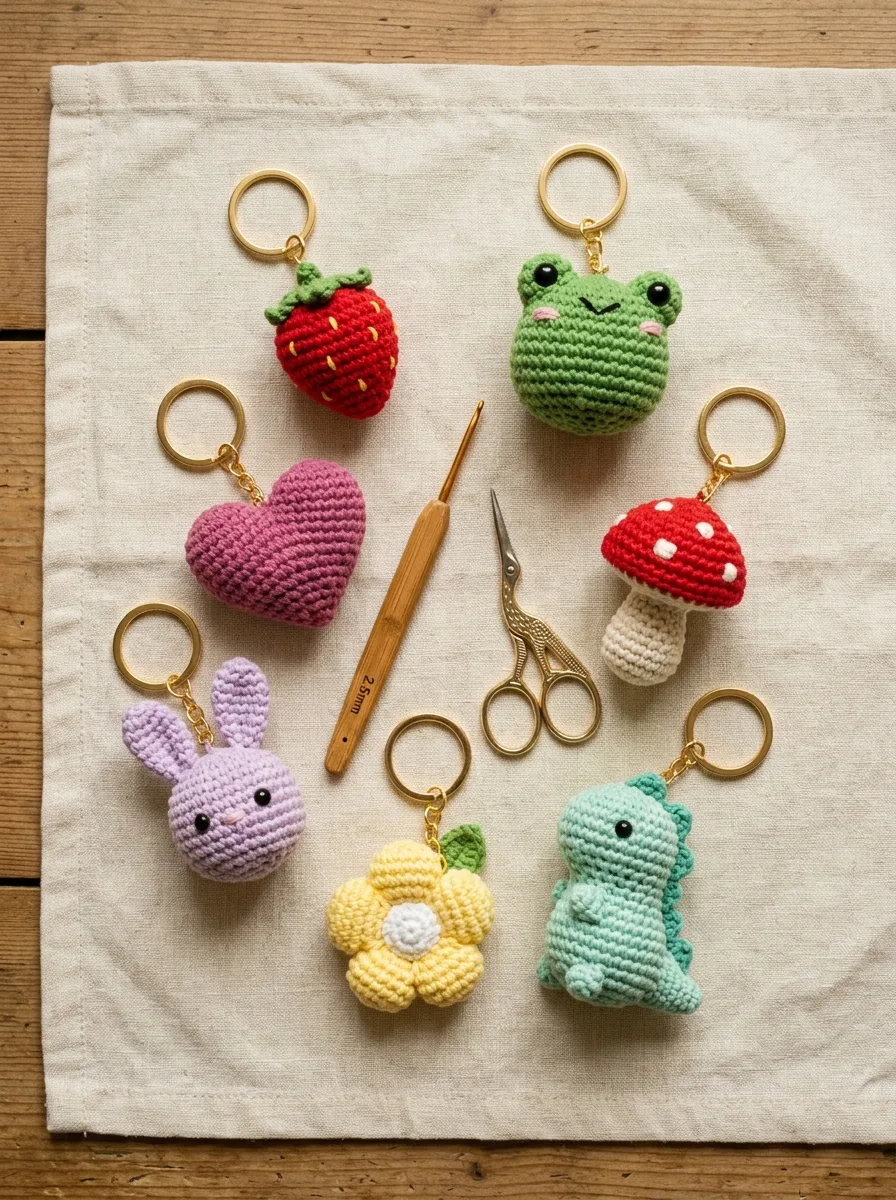 A colorful collection of small amigurumi crochet keychains, including a strawberry, frog, heart, mushroom, bunny, and flower, on gold keyrings.
