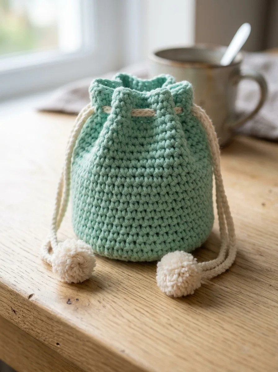 A mint crochet drawstring pouch with a cord and pom-poms.