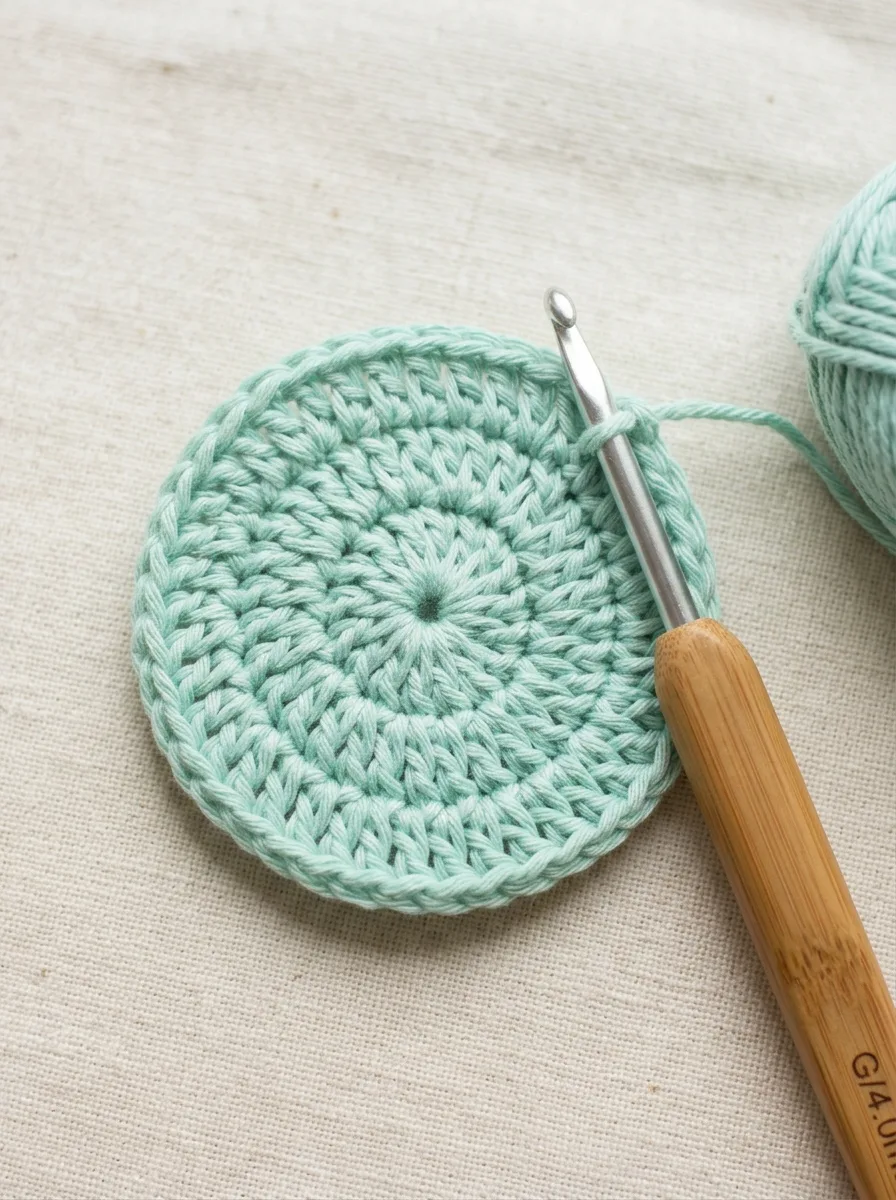 The flat circular base of a crochet pouch in double crochet rounds.