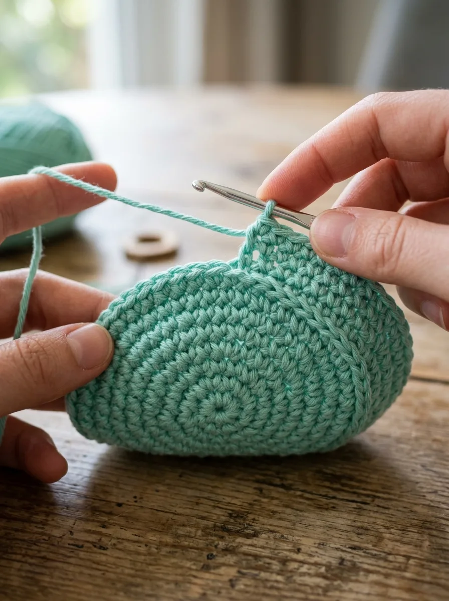 A single crochet round worked in the back loop only, creating a fold between base and sides.