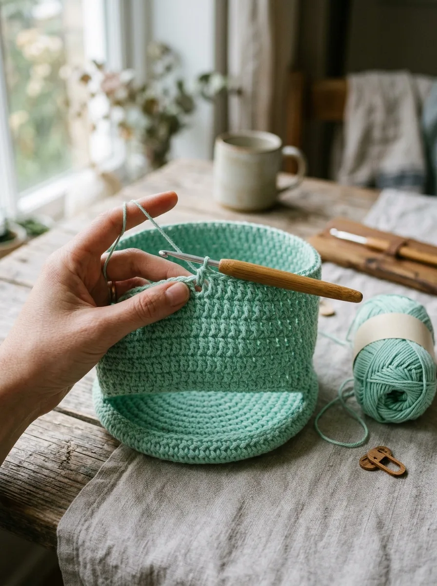 The straight sides of a crochet pouch growing in double crochet rounds.