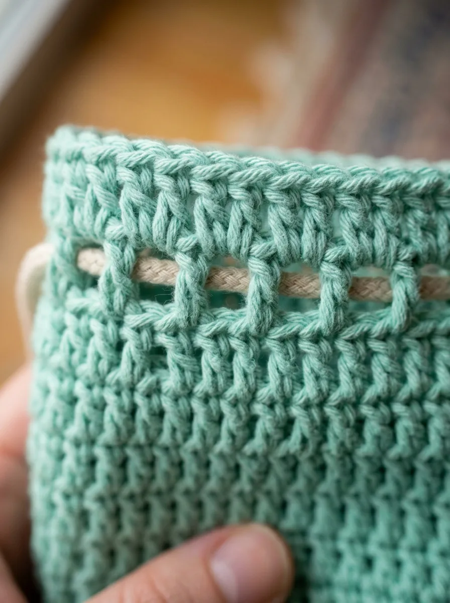 An eyelet round with evenly spaced gaps for threading a drawstring.