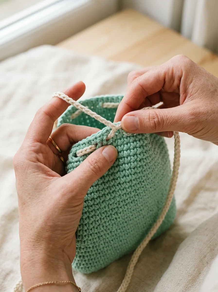 A crochet chain cord being woven through the eyelets of a pouch.