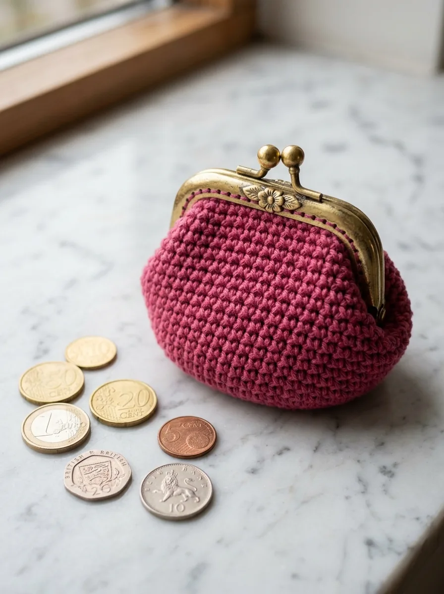 A crochet coin purse with a gold kiss-lock frame.