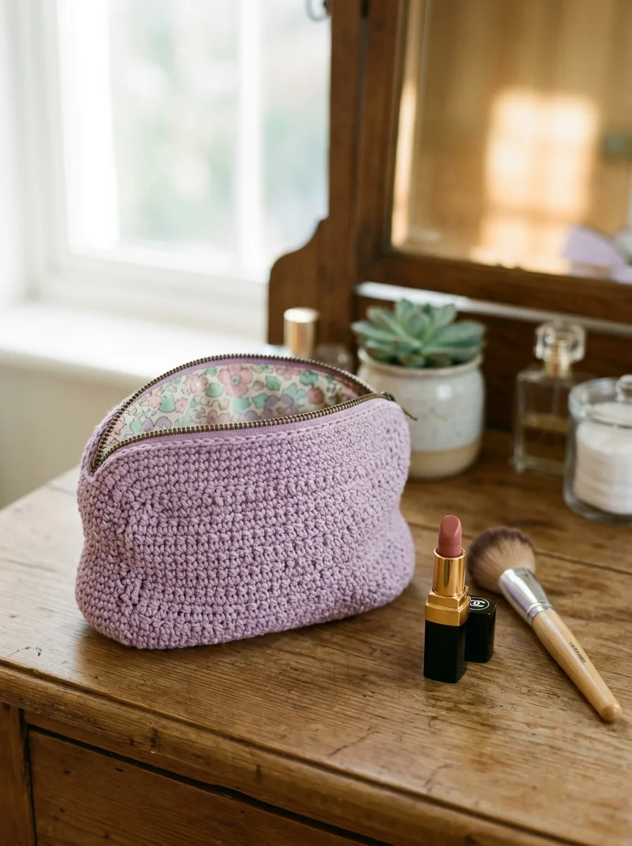 A lined crochet zipper makeup bag in lilac.
