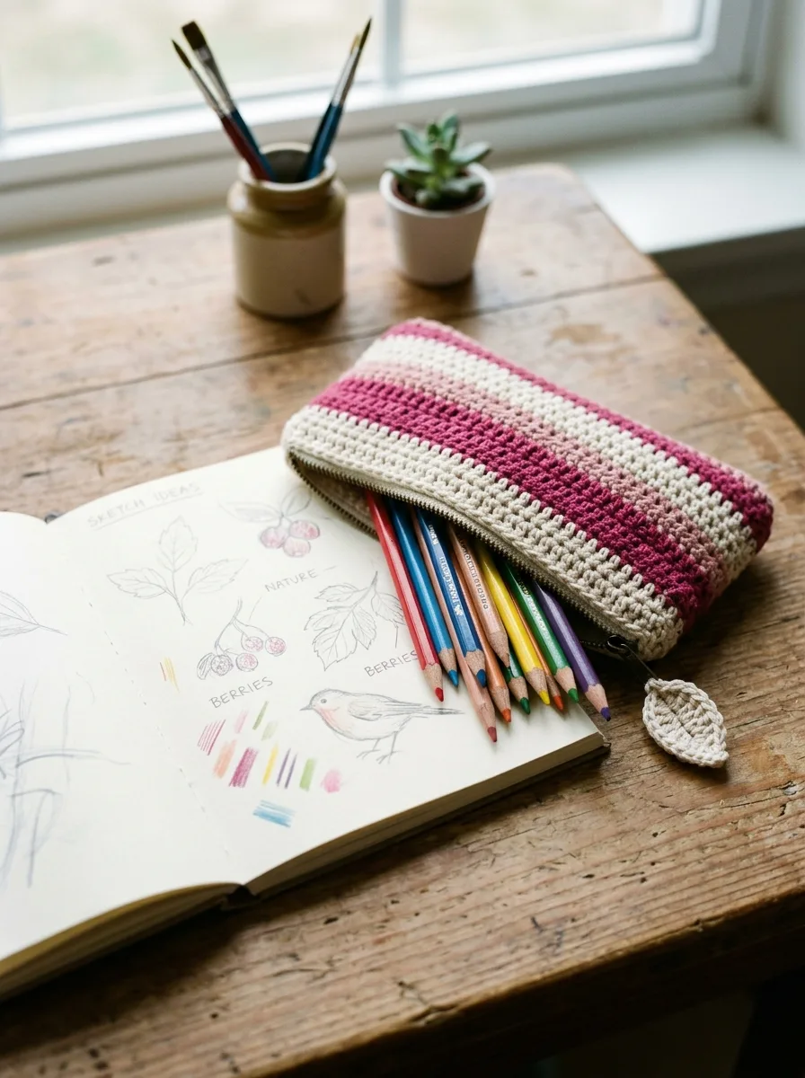 A crochet pencil case in stripes with pencils peeking out.