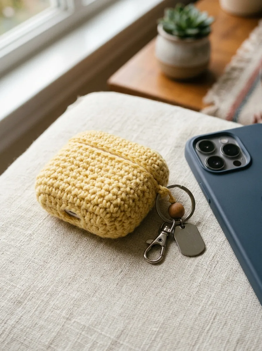 A crochet AirPods case cover on a keyring.