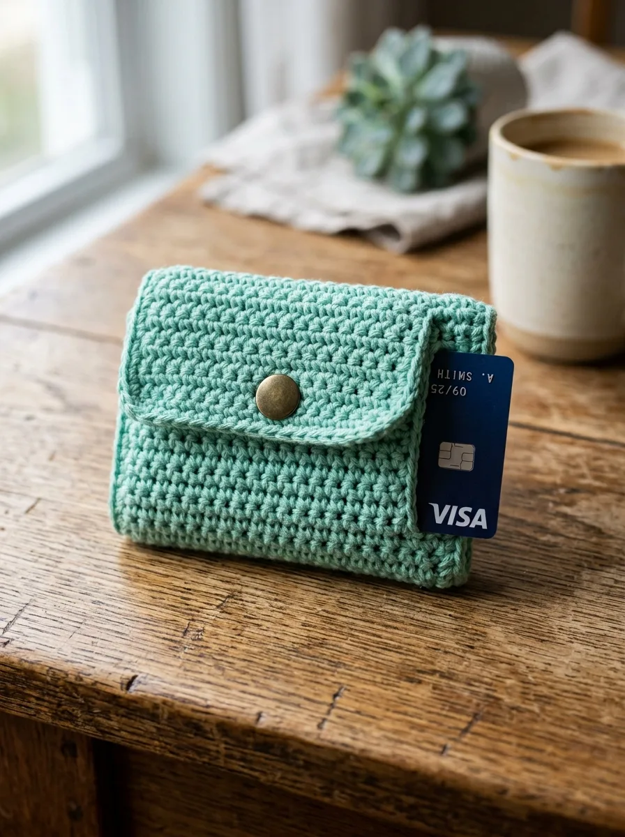 A crochet wallet with card slots in single crochet.
