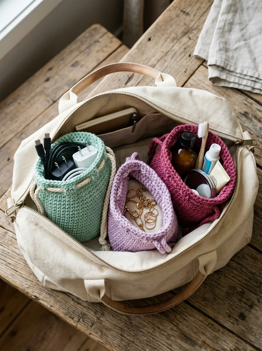 A set of crochet pouches used to organize a travel bag.